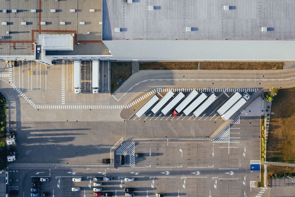 Aerial view of a logistics centre and truck courts