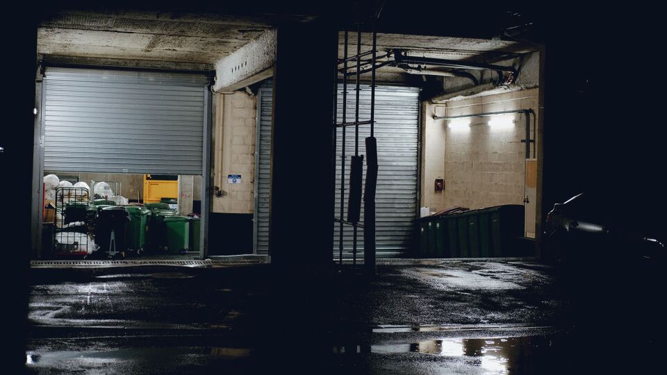 Loading dock doors under sodium lights at night