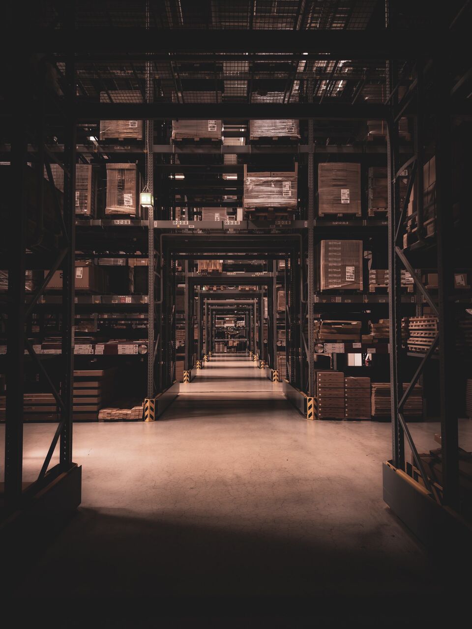 Dimly lit industrial shelving rows