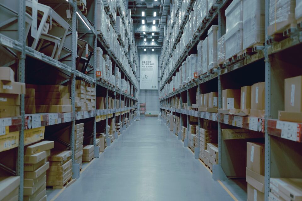 Steel-blue industrial shelving hall