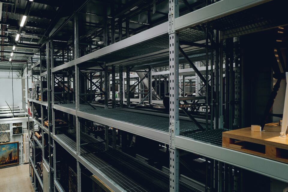 Wide view of dry-storage shelving rows